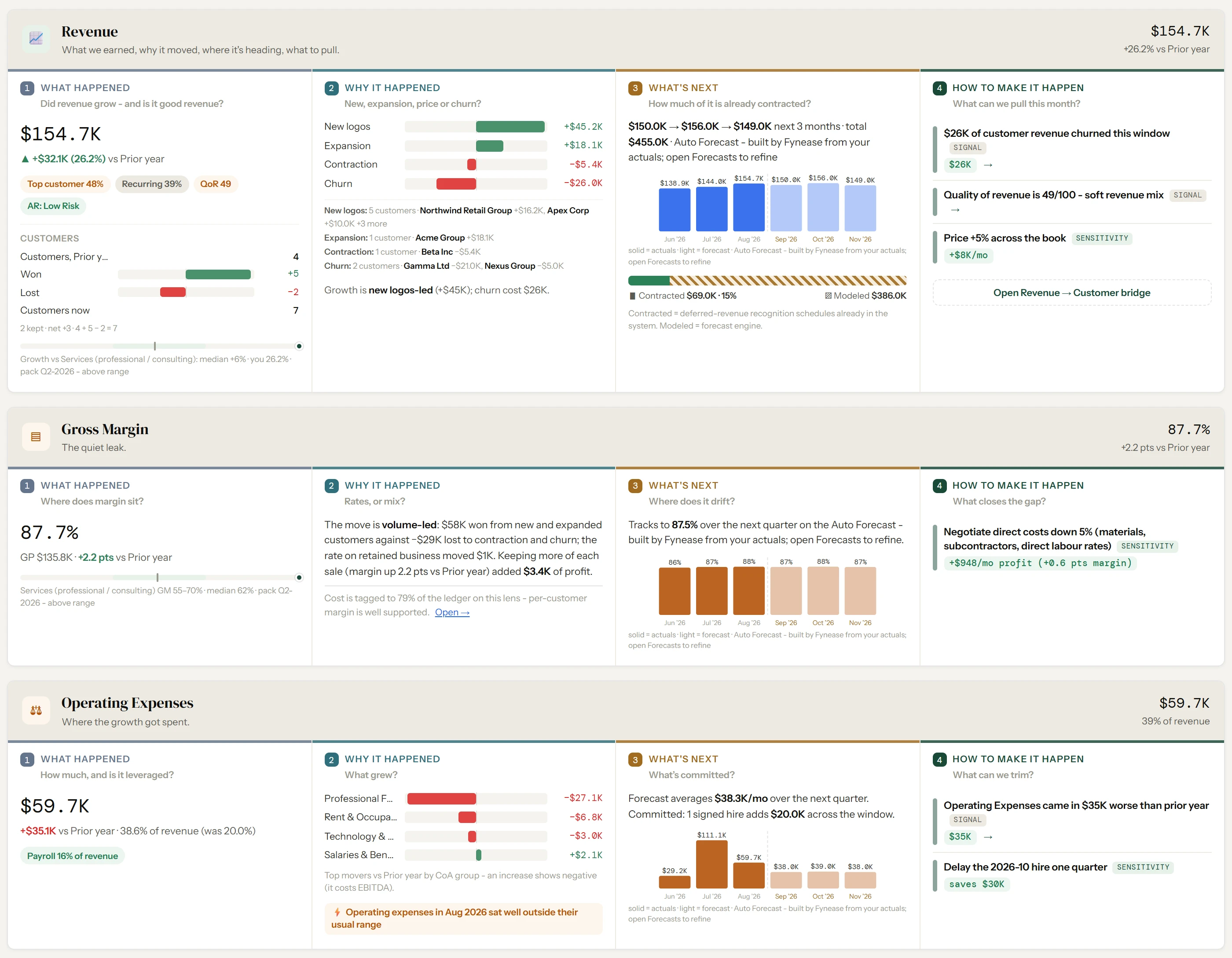 Fynease briefing showing Revenue, Gross Margin, and Operating Expenses lanes, each answering what happened, why it happened, what's next, and how to make it happen